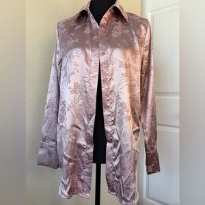 Vintage Y2K Satin Floral Button-Up Blouse – Mauve Pink